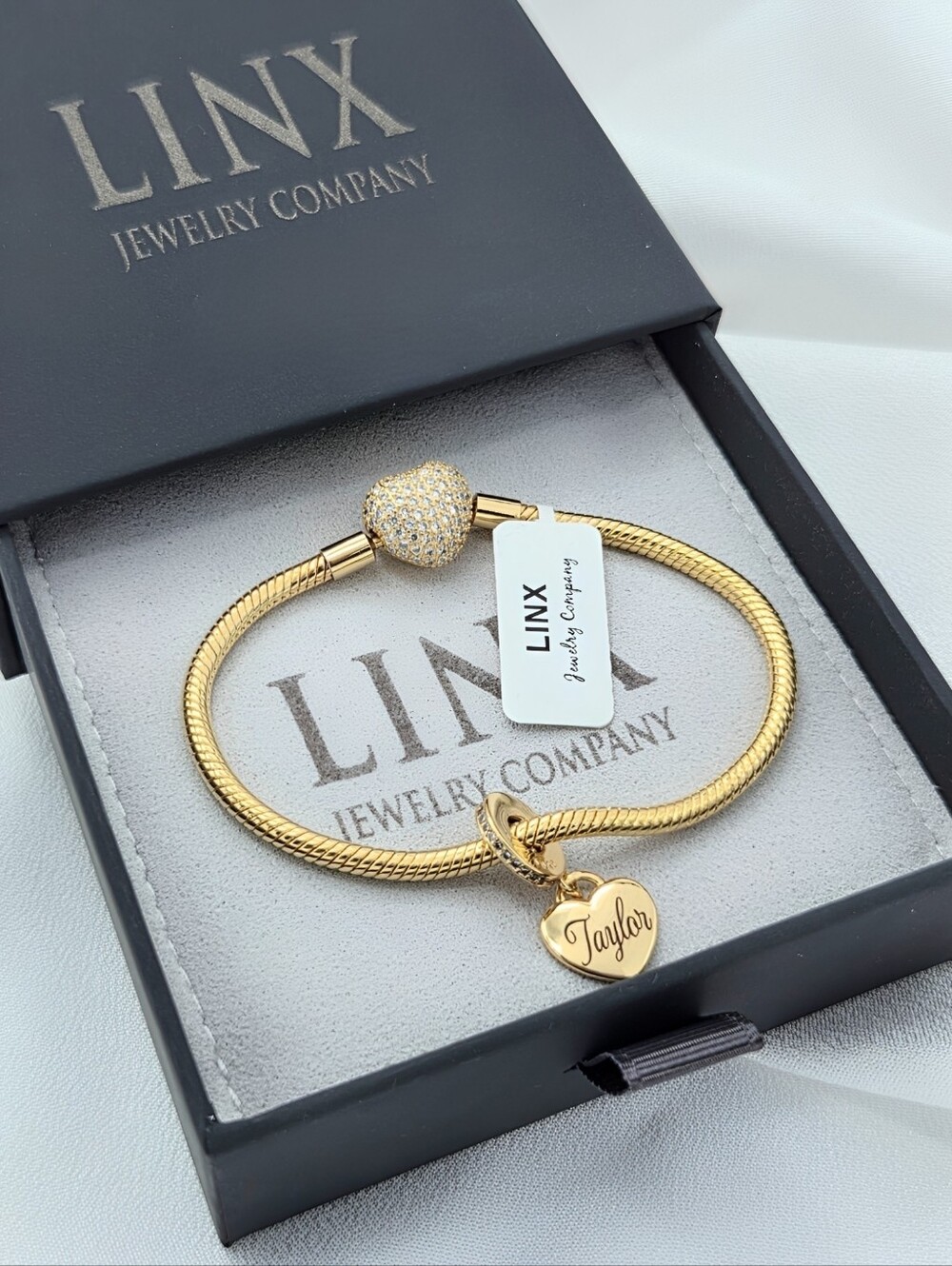 Linx Gold Snake Chain Bracelet Heart Clasp & Personalized Name Heart Charm